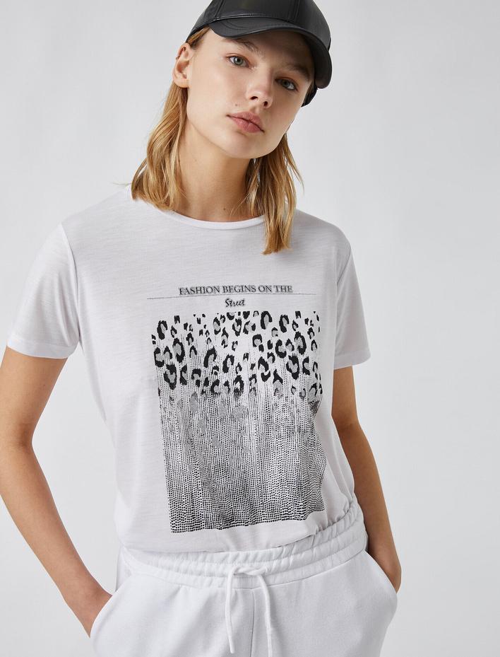  Kısa Kollu Tişört Bisiklet Yaka Baskılı