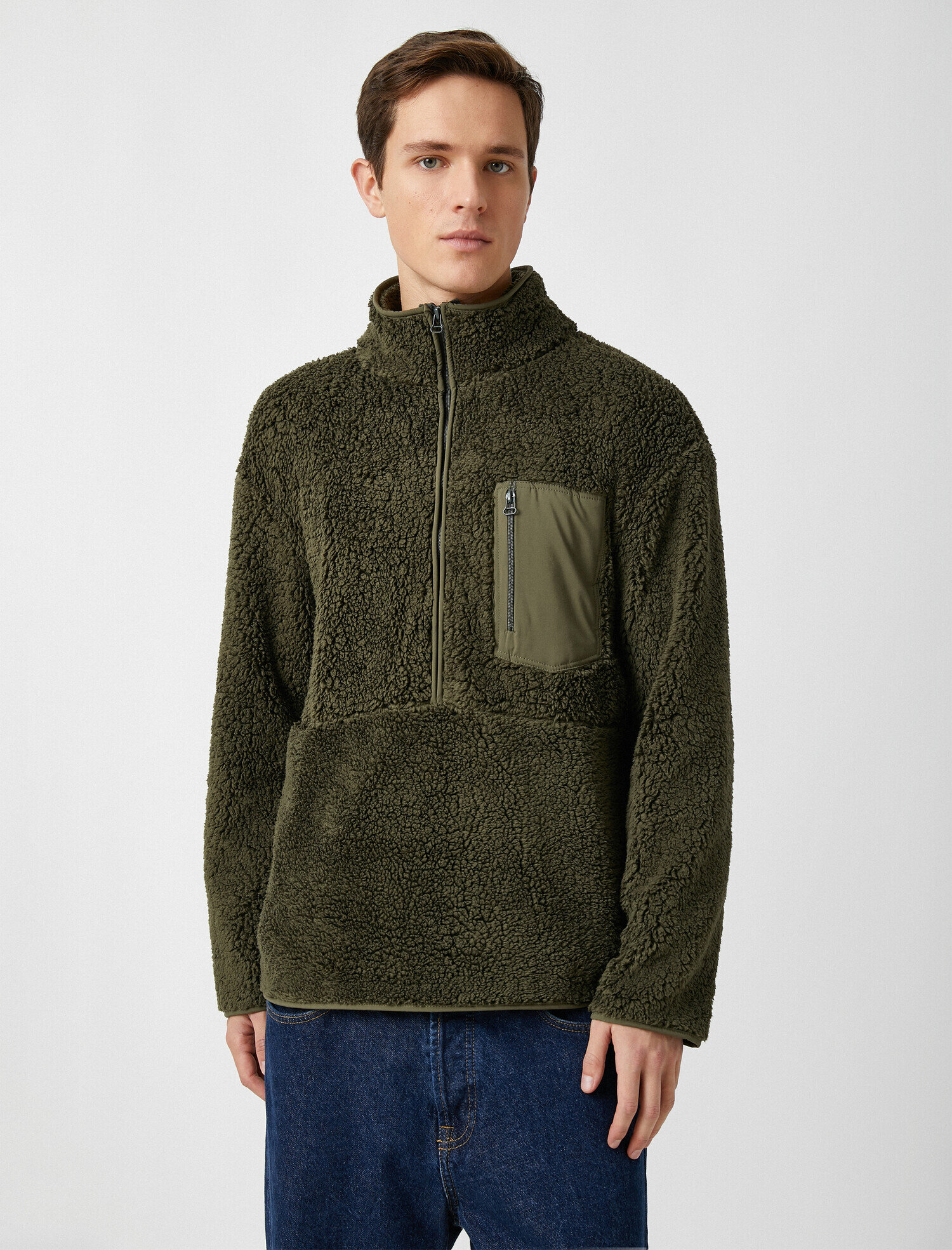   Fermuarlı Cepli Dik Yaka Peluş Mont