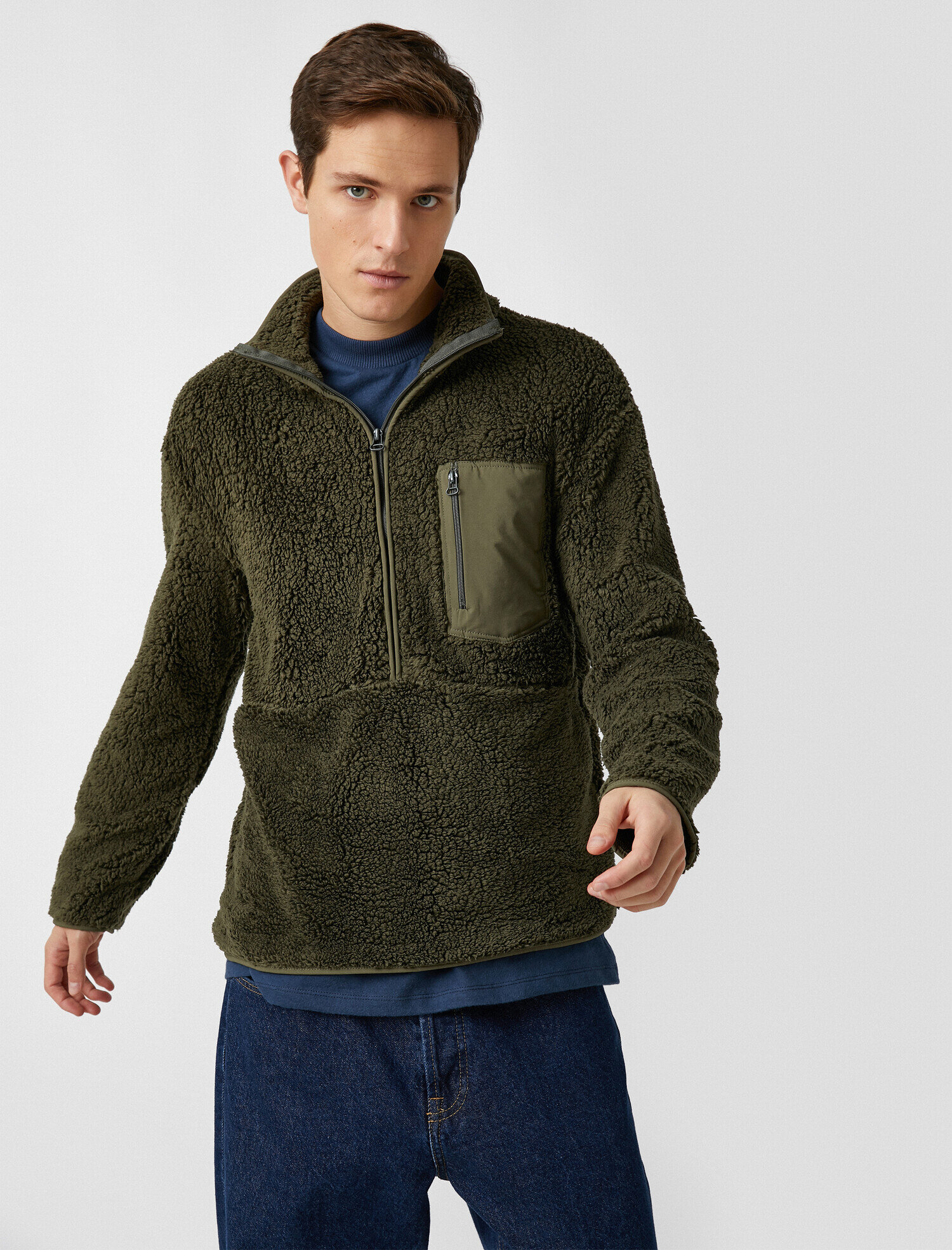   Fermuarlı Cepli Dik Yaka Peluş Mont