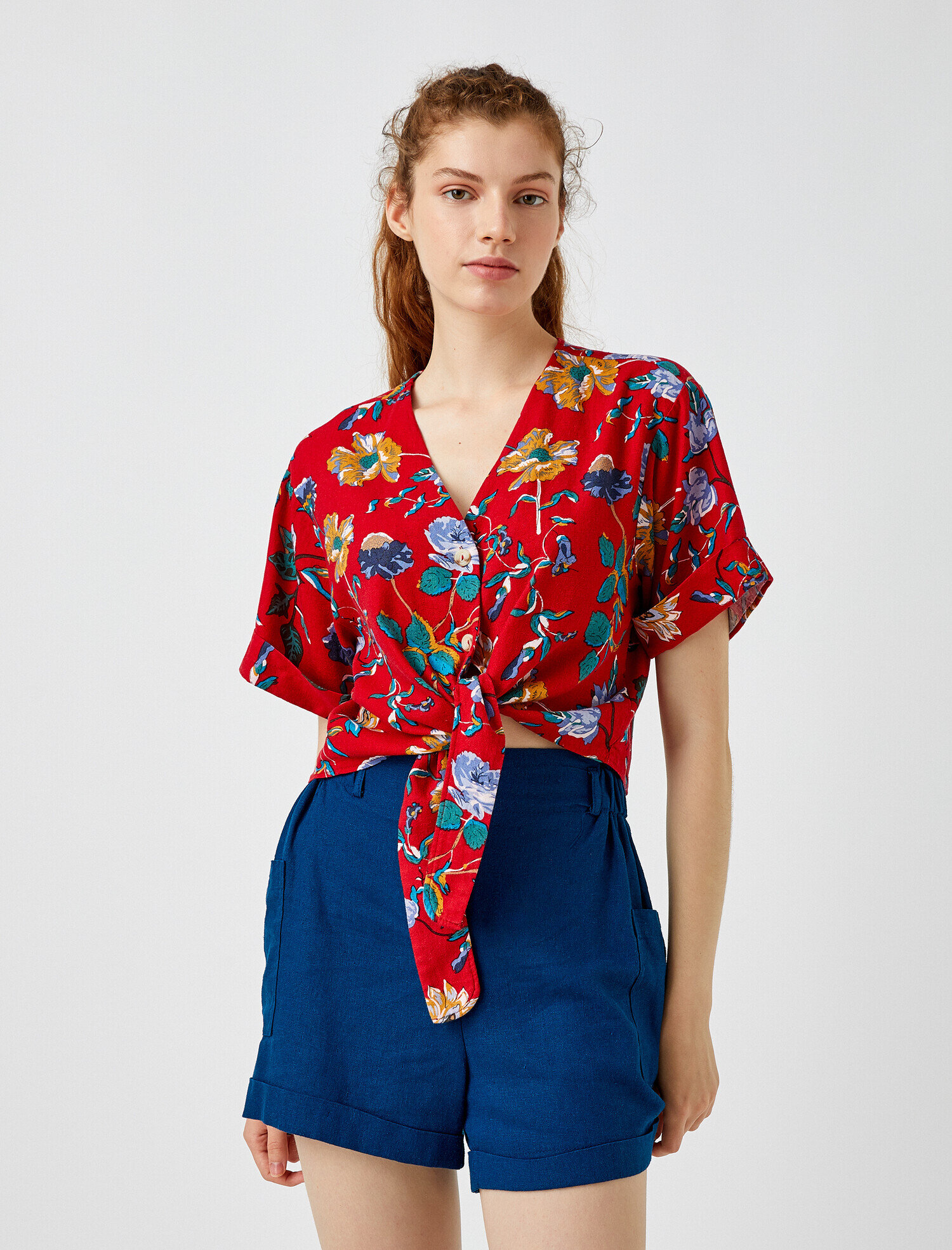   Çiçekli Gömlek Keten Kısa Kollu Belden Bağlamalı