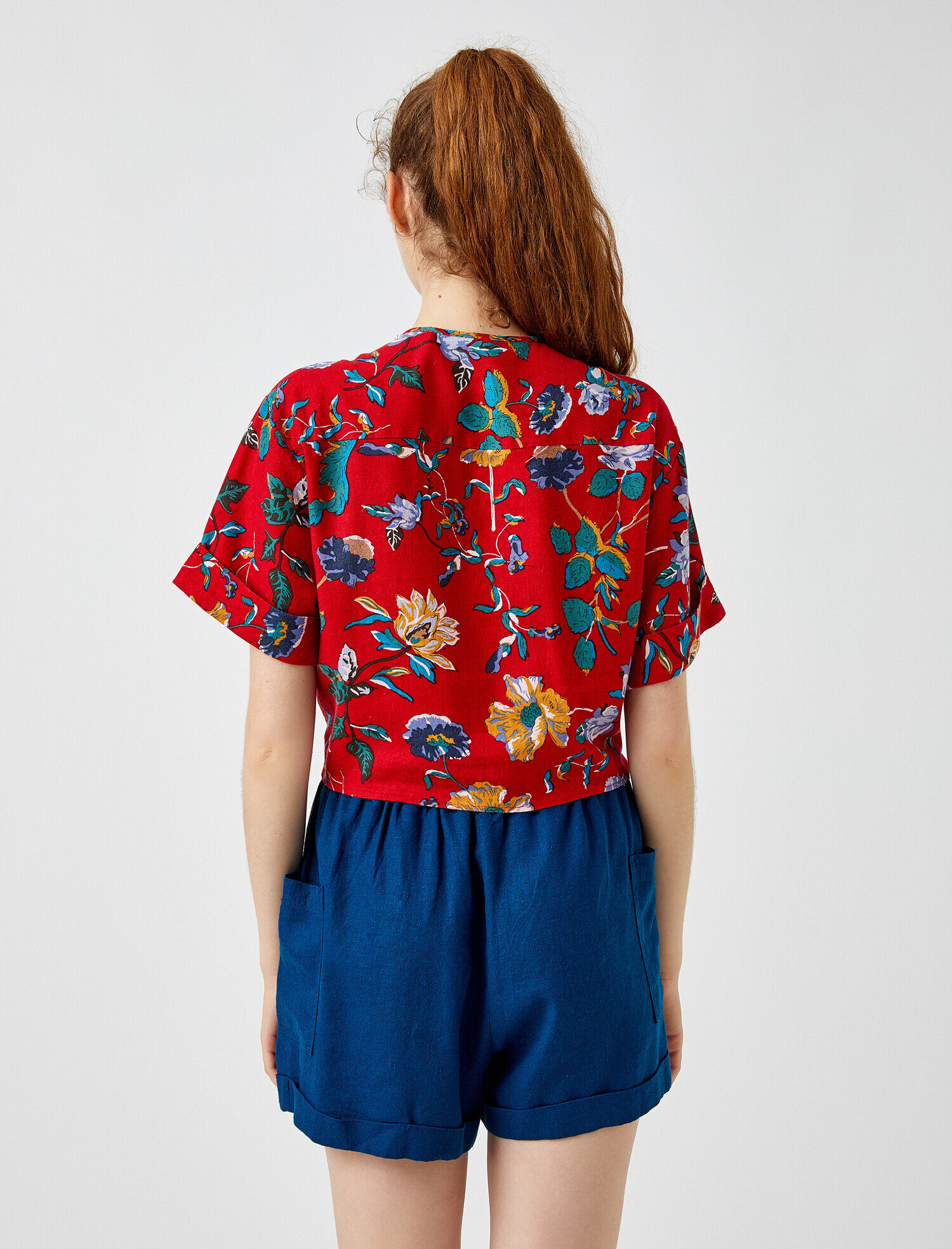   Çiçekli Gömlek Keten Kısa Kollu Belden Bağlamalı