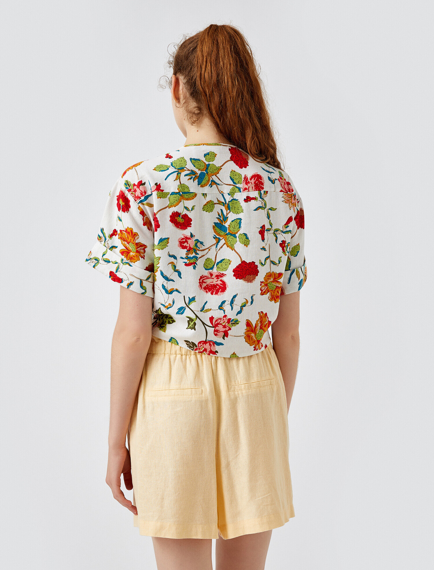   Çiçekli Gömlek Keten Kısa Kollu Belden Bağlamalı