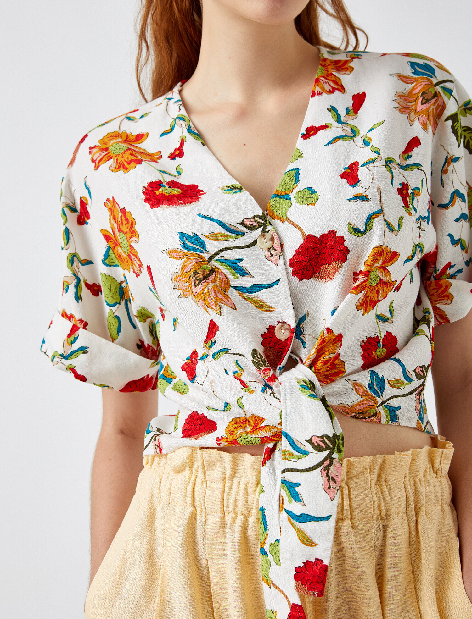   Çiçekli Gömlek Keten Kısa Kollu Belden Bağlamalı