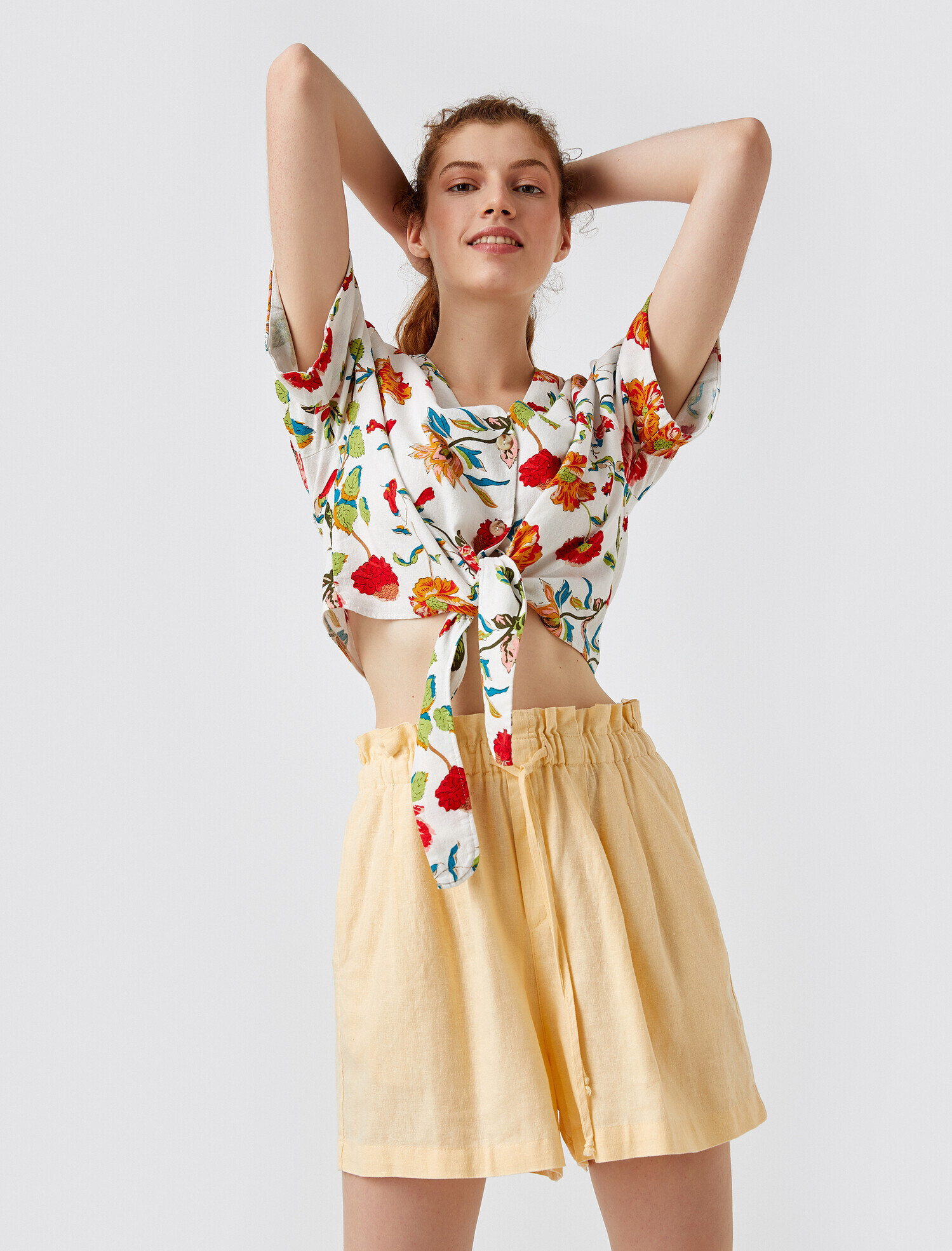   Çiçekli Gömlek Keten Kısa Kollu Belden Bağlamalı