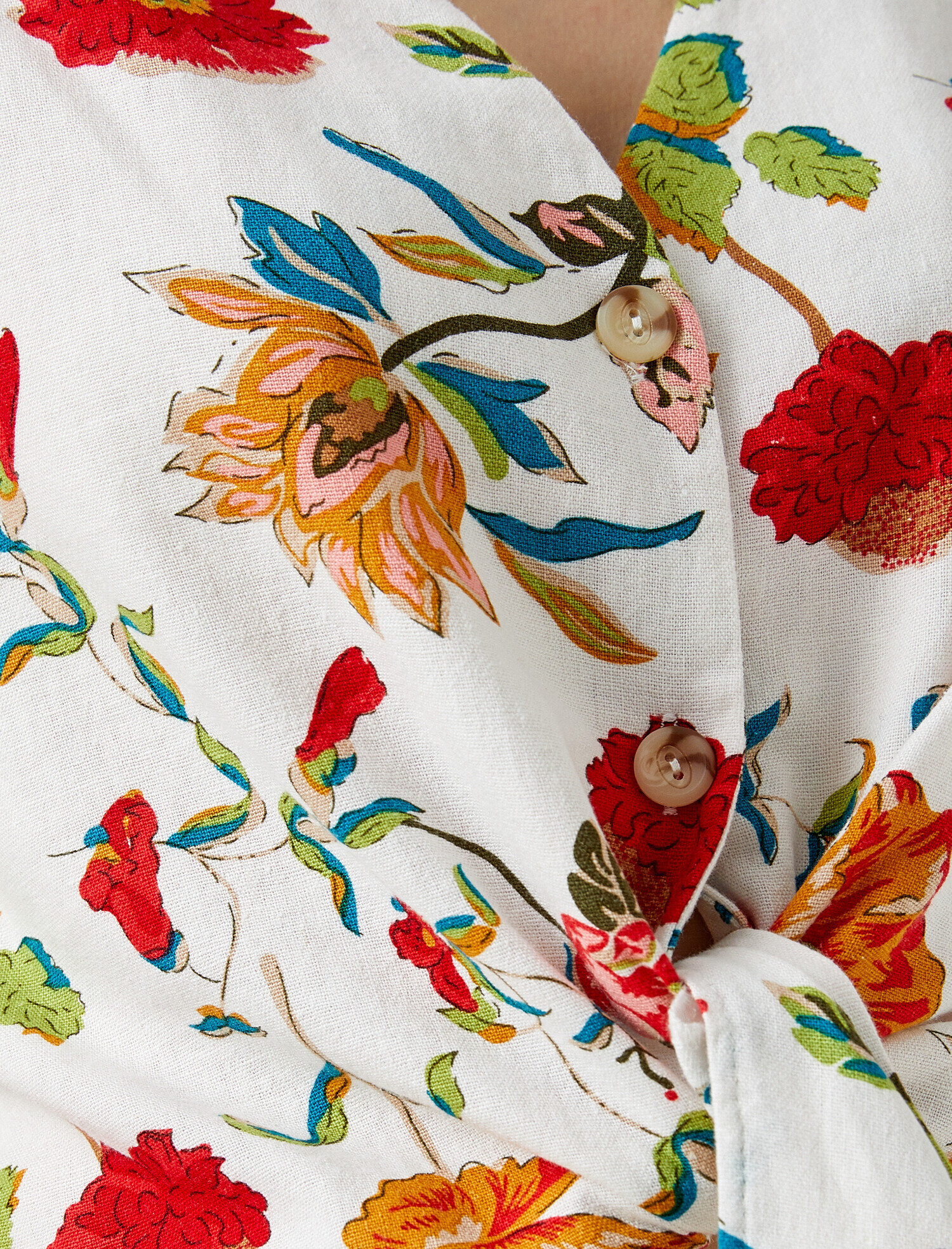   Çiçekli Gömlek Keten Kısa Kollu Belden Bağlamalı