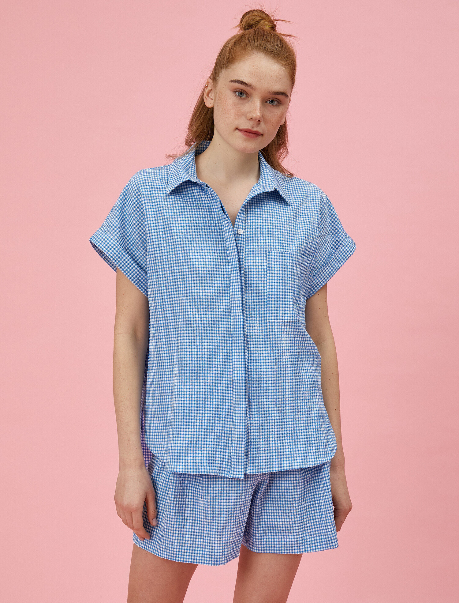   Kısa Kollu Gömlek Kareli Pamuklu