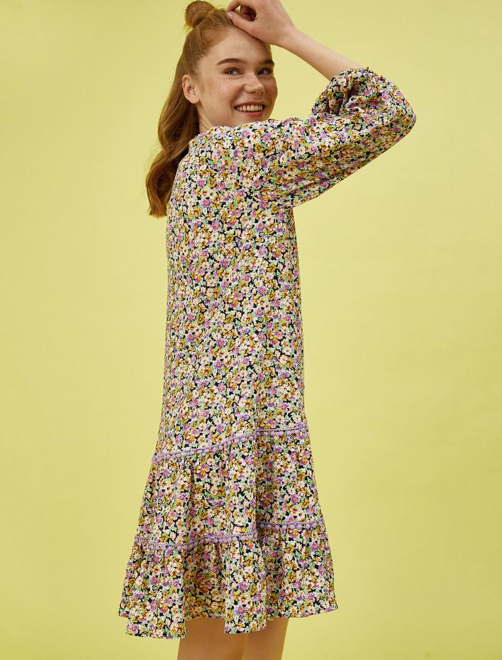 Çiçekli Yazlık Elbise Uzun Kollu Mini