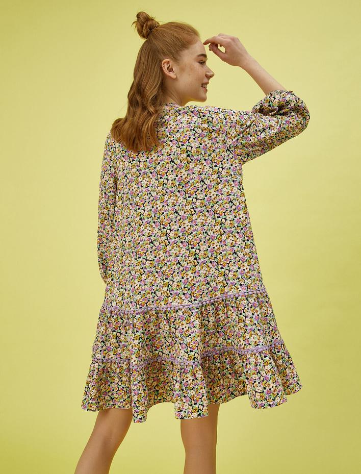  Çiçekli Yazlık Elbise Uzun Kollu Mini