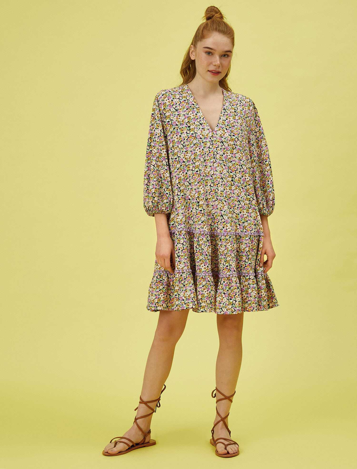   Çiçekli Yazlık Elbise Uzun Kollu Mini