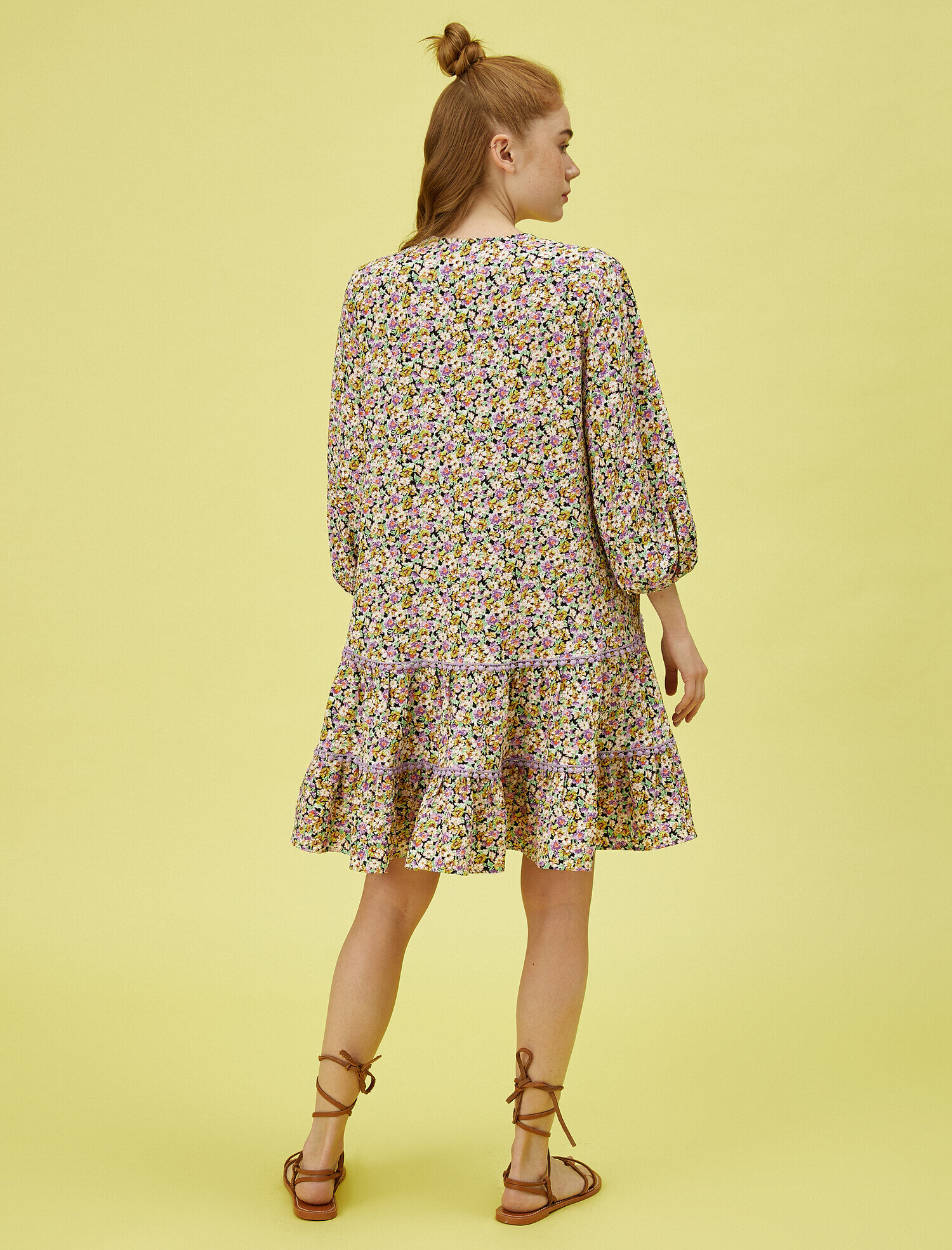   Çiçekli Yazlık Elbise Uzun Kollu Mini