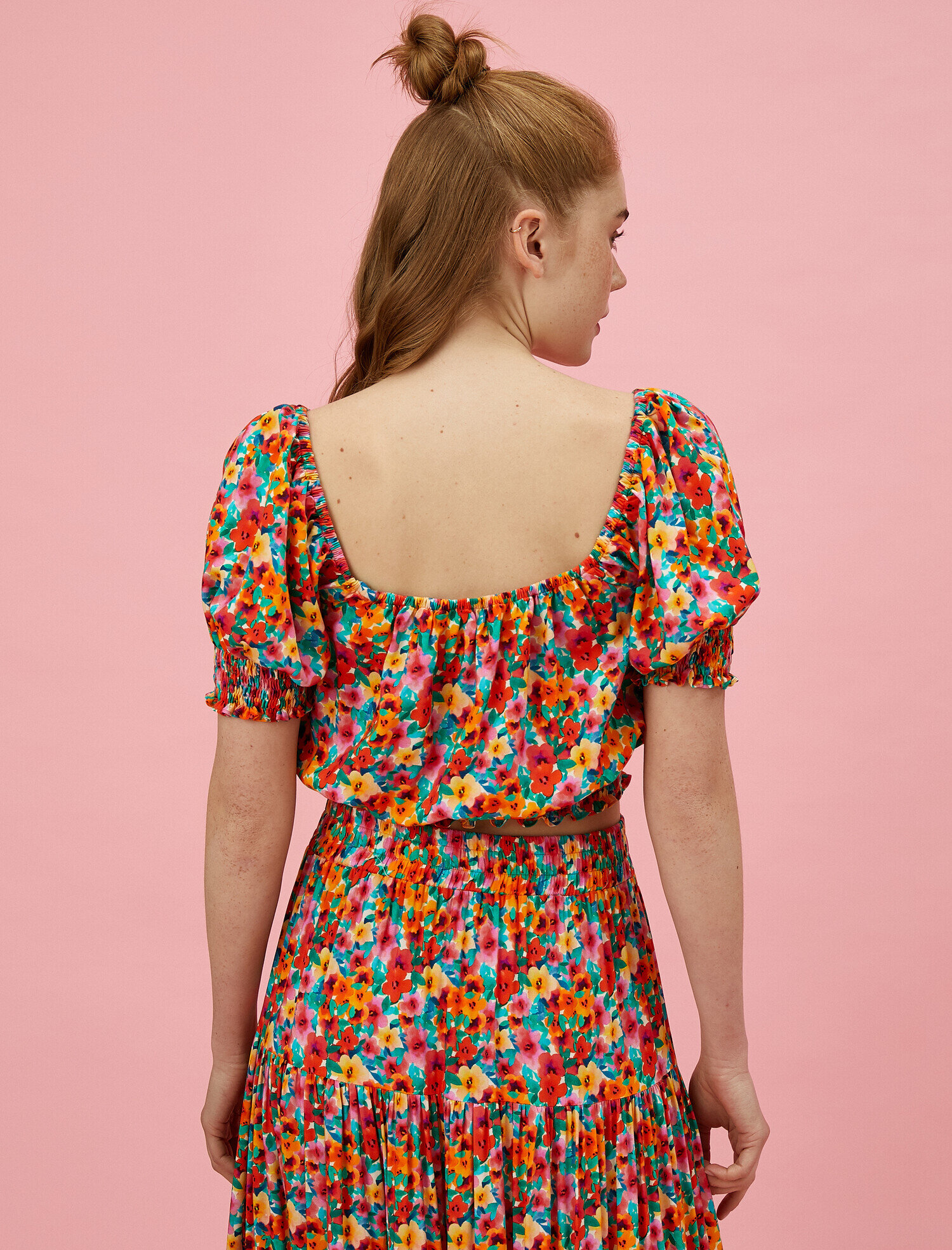   Çiçekli Bluz Crop Kısa Kollu