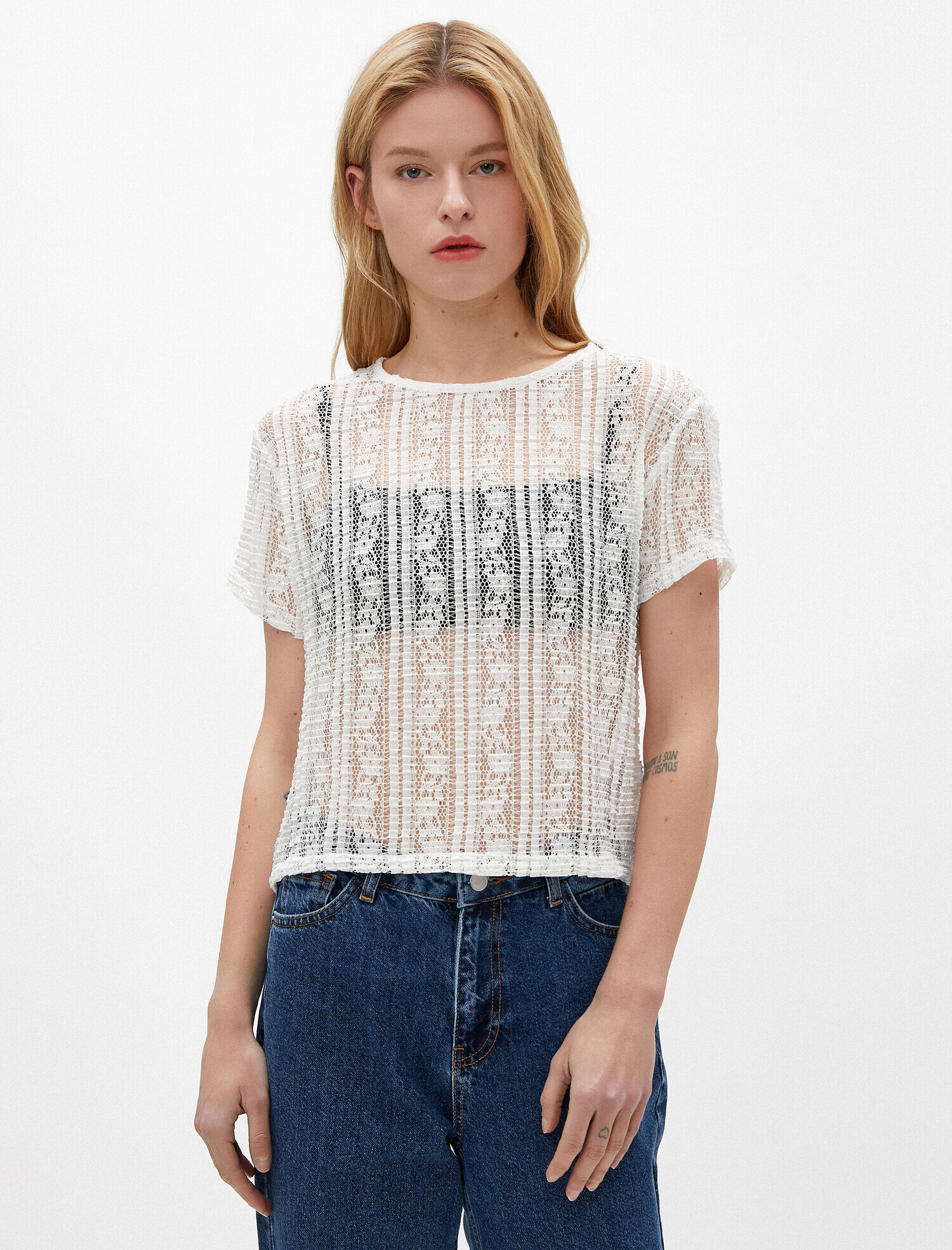   Dantel Tişört Kısa Kollu Bisiklet Yaka