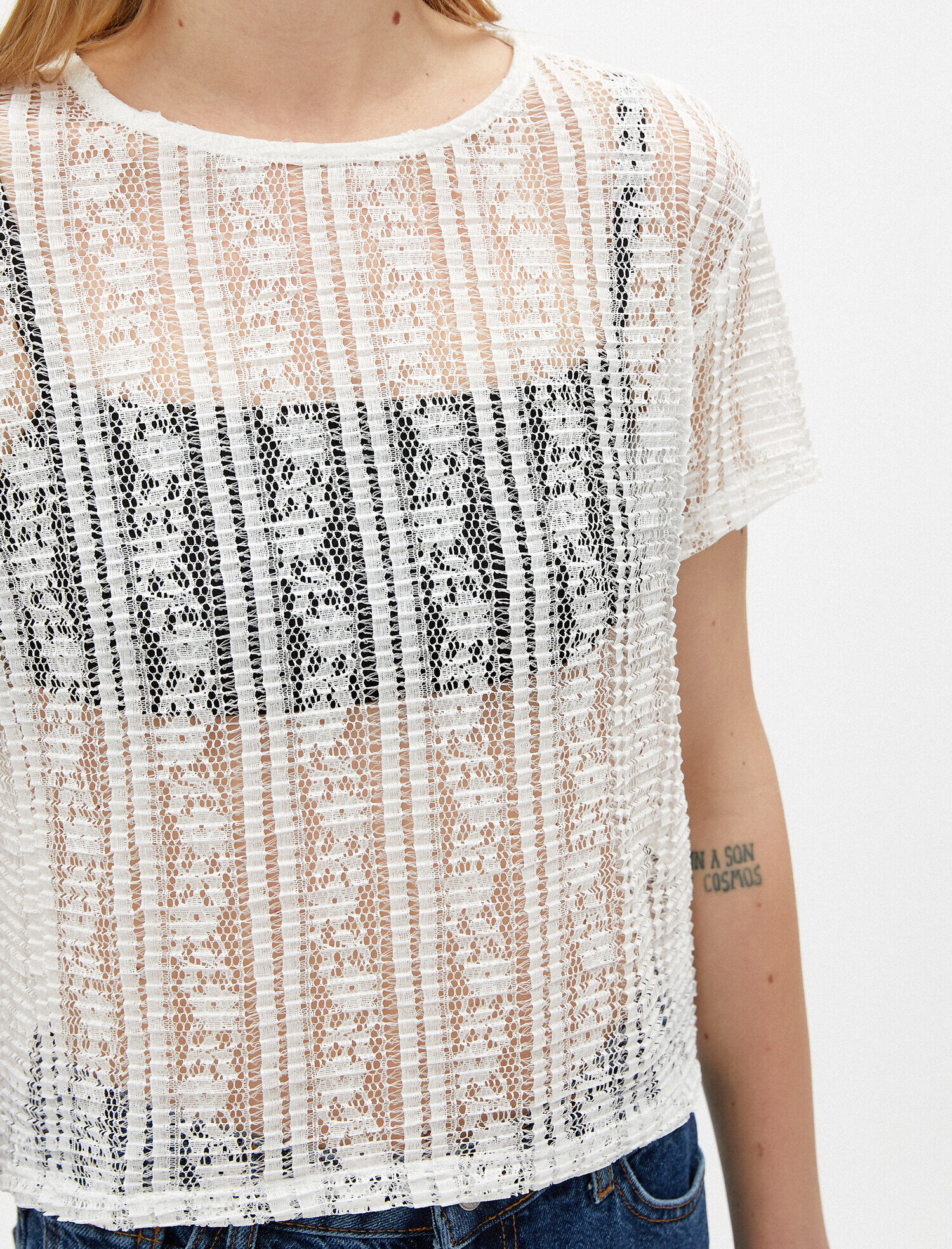   Dantel Tişört Kısa Kollu Bisiklet Yaka