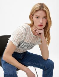 Dantel Tişört Kısa Kollu Bisiklet Yaka