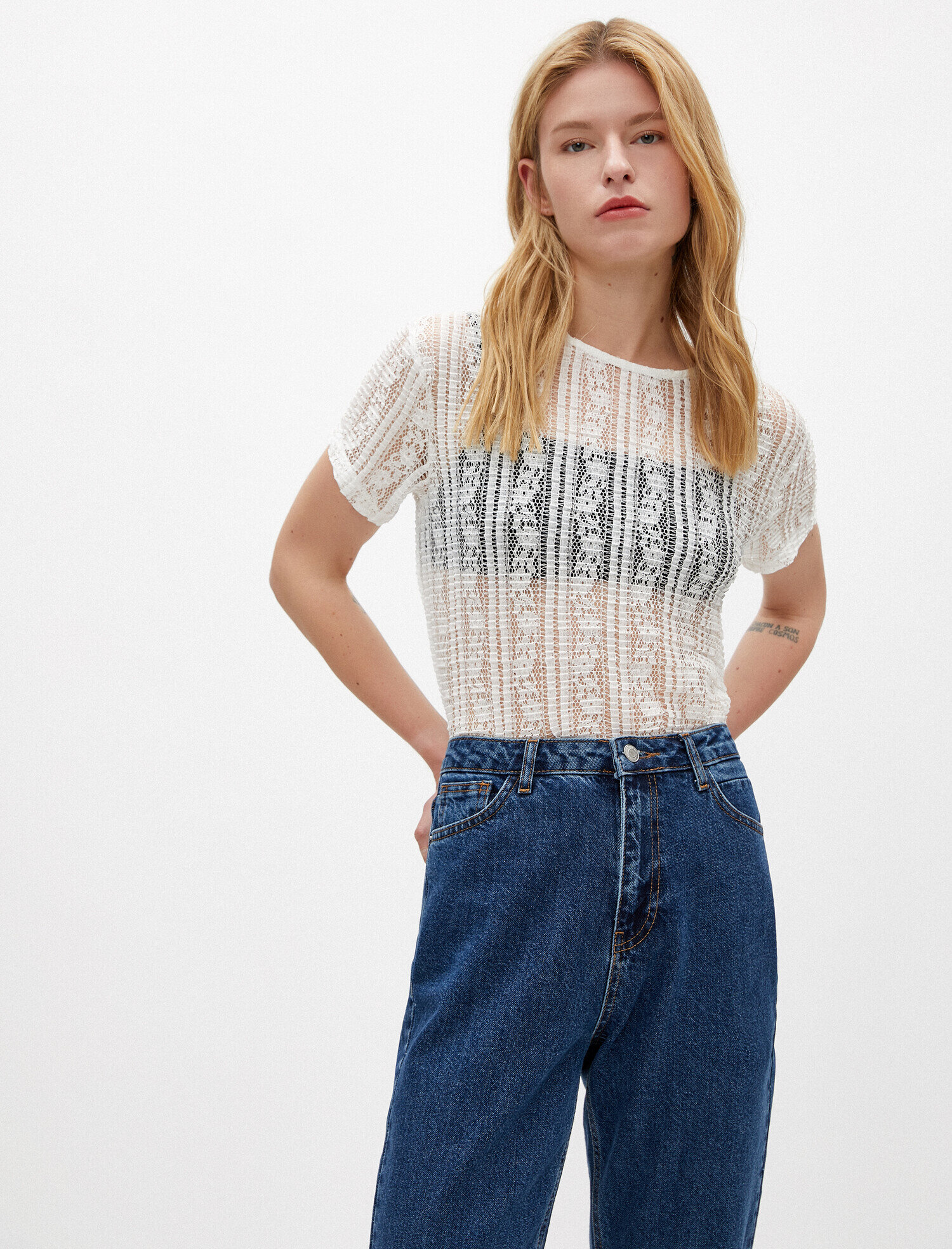   Dantel Tişört Kısa Kollu Bisiklet Yaka