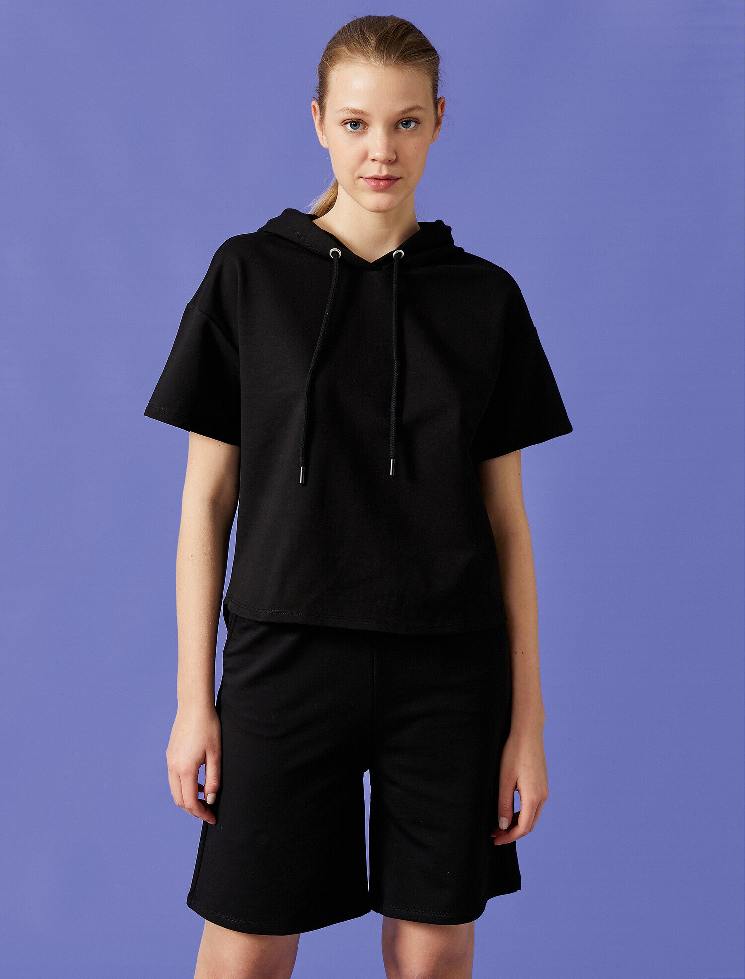   Kısa Kollu Sweatshirt Kapüşonlu Oversize