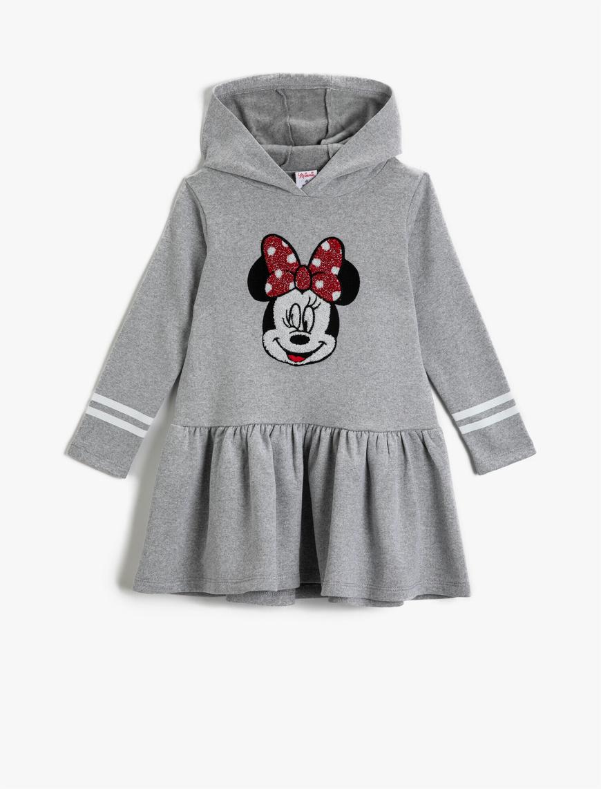  Kız Çocuk Minnie Mouse Lisanslı Baskılı Elbise Kapüşonlu Fırfırlı
