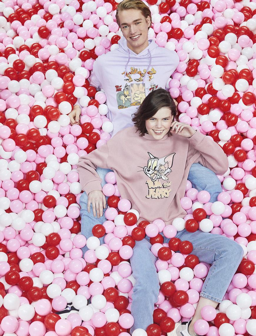   Tom & Jerry Lisanslı Baskılı Kapüşonlu Pamuklu Sweatshirt