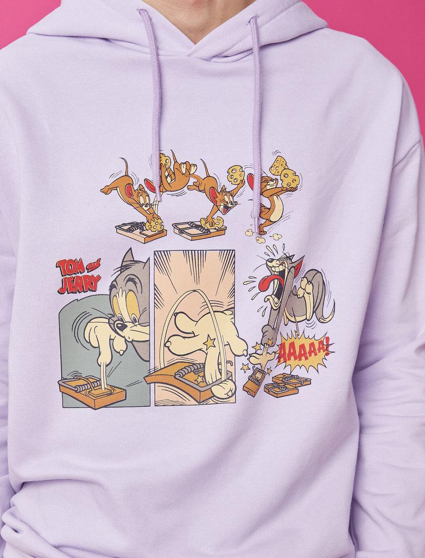   Tom & Jerry Lisanslı Baskılı Kapüşonlu Pamuklu Sweatshirt
