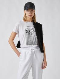 Kısa Kollu Tişört Bisiklet Yaka Baskılı