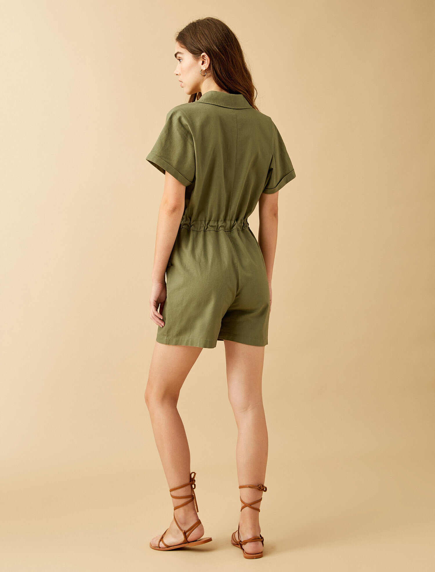   Keten Tulum Şortlu Belden Bağlamalı Gömlek Yaka