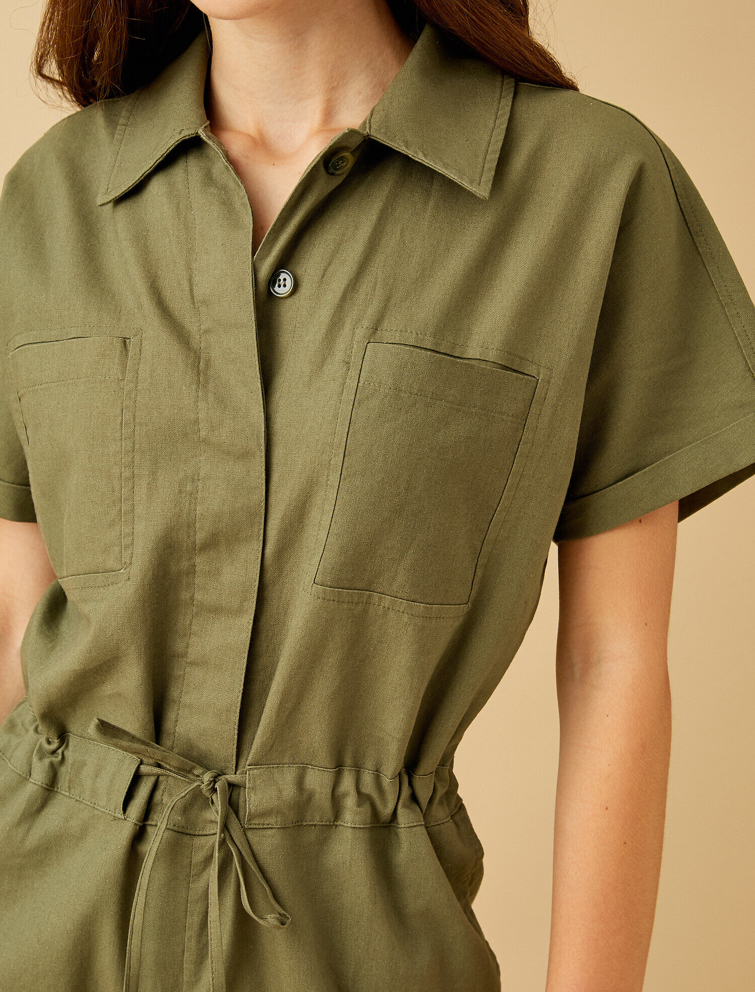   Keten Tulum Şortlu Belden Bağlamalı Gömlek Yaka