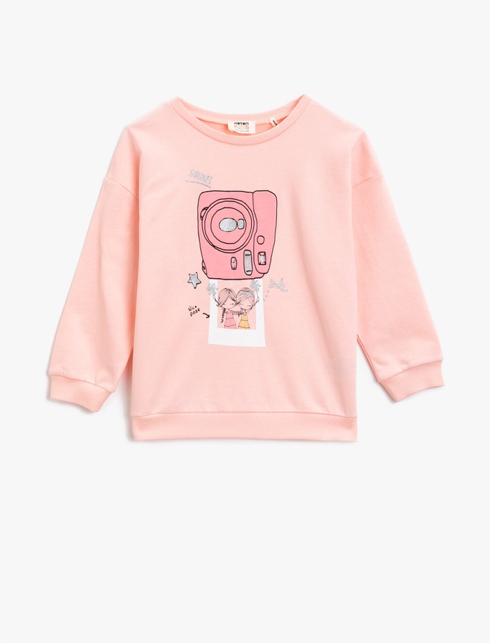 Kız Çocuk Pamuklu Baskılı Bisiklet Yaka Uzun Kollu Sweatshirt