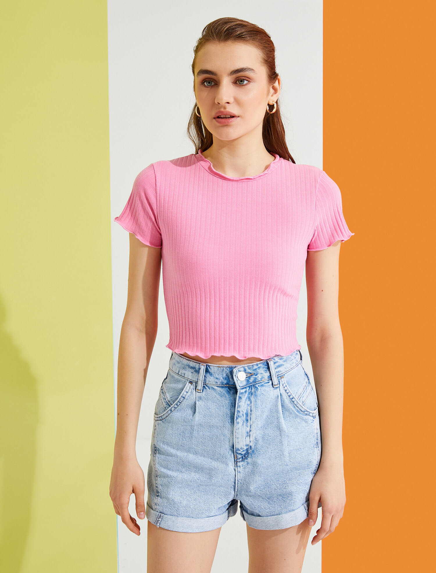   Crop Tişört Bisiklet Yaka