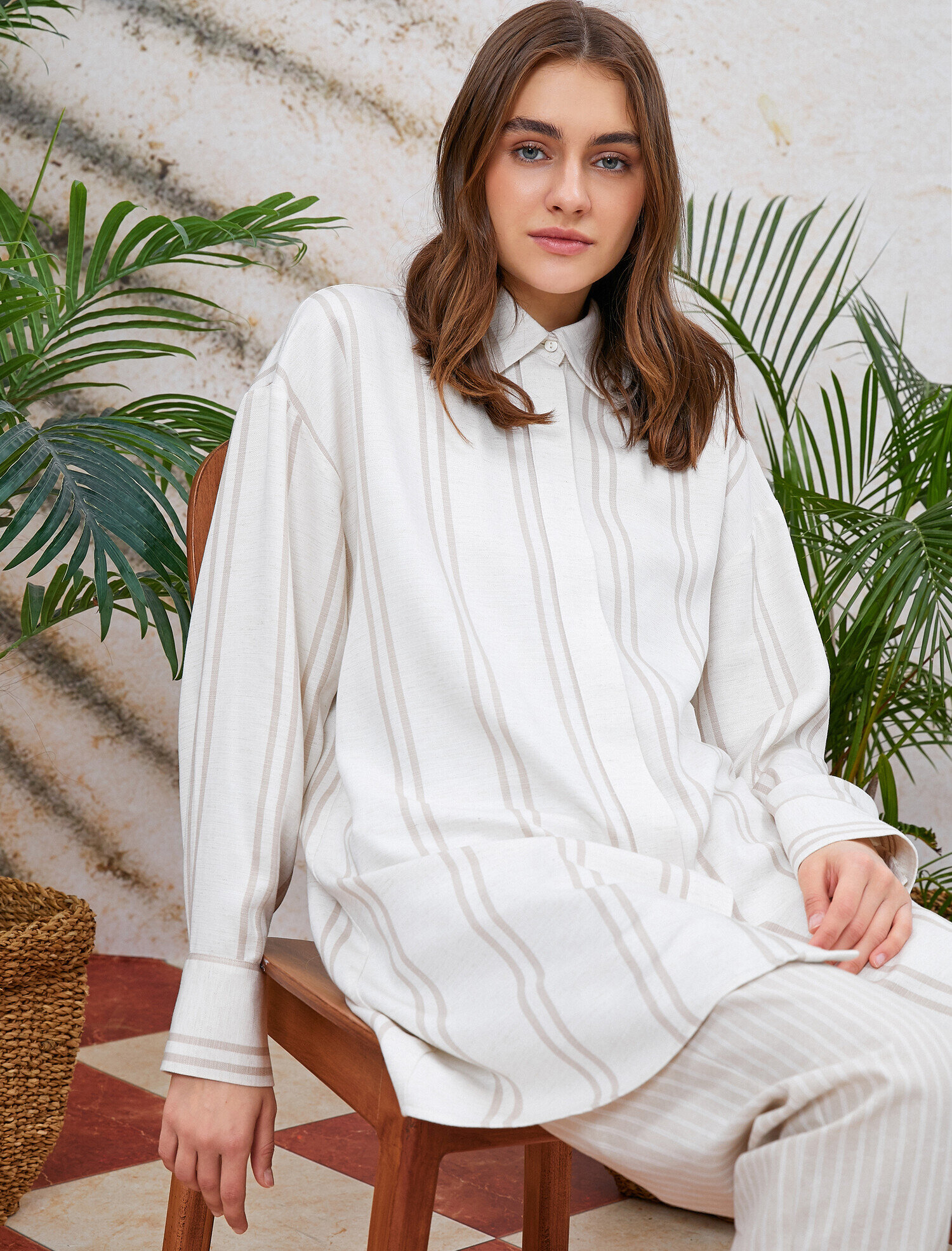   Çizgili Tunik Gömlek Yaka Oversize