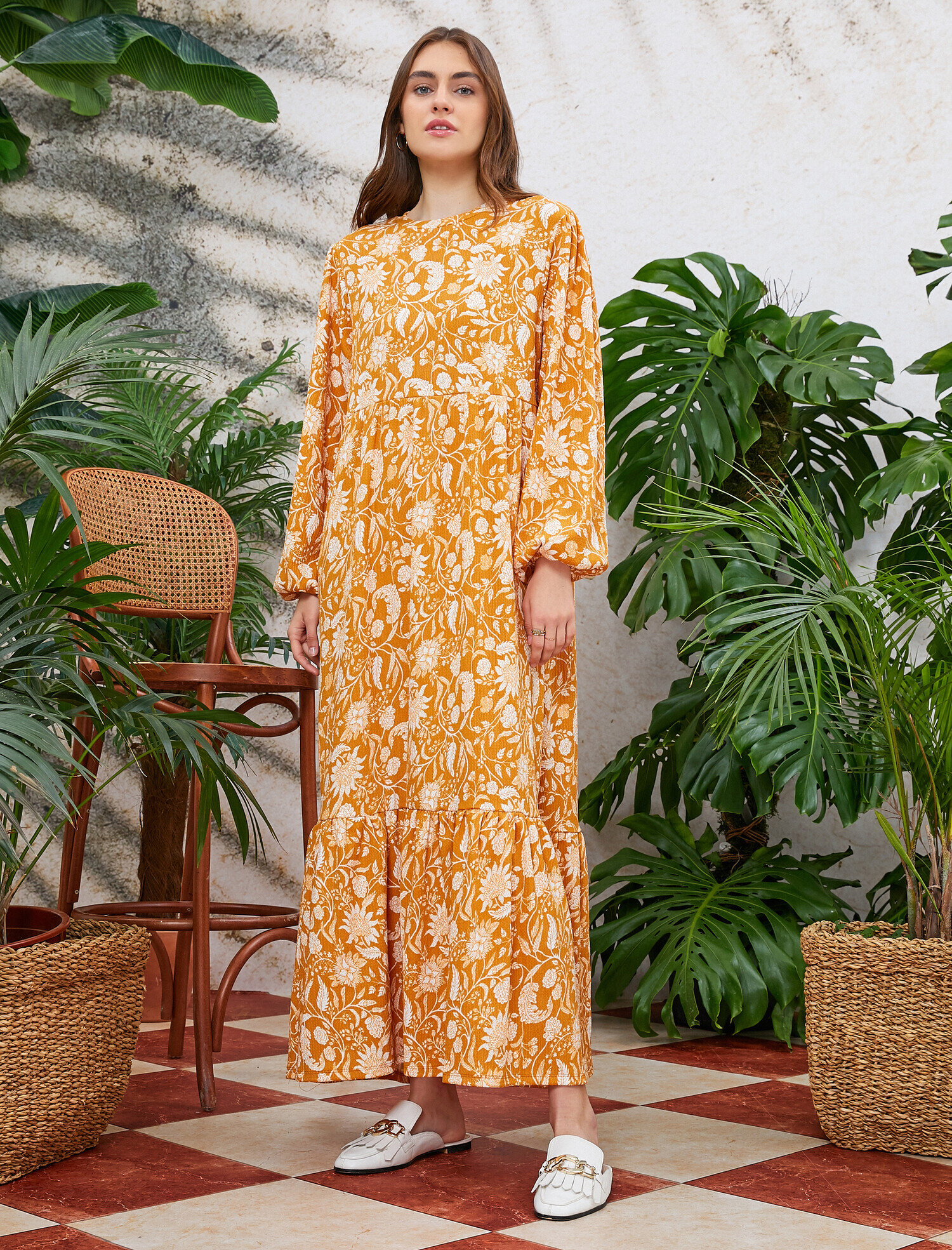   Çiçekli Yazlık Elbise Uzun Kollu Uzun