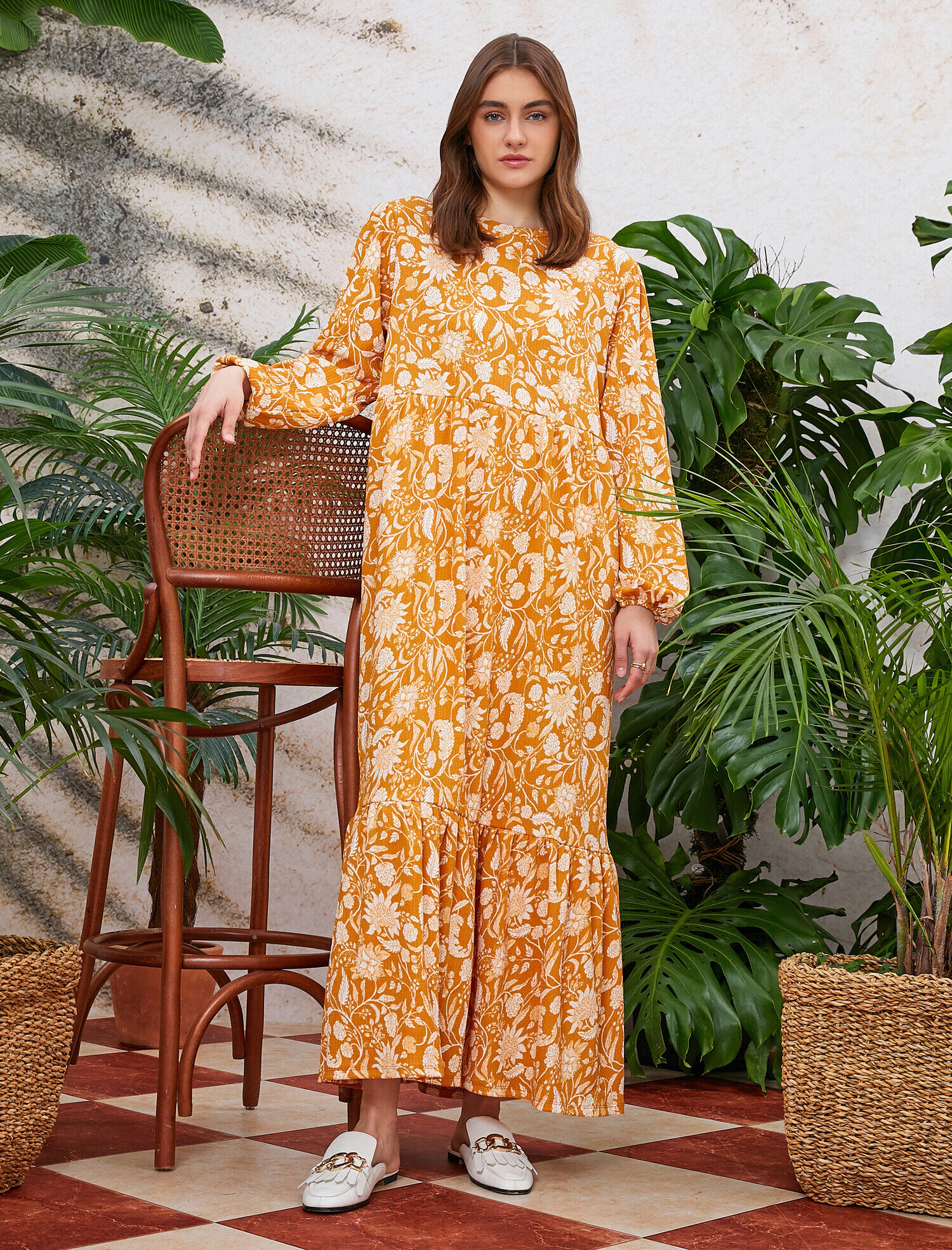   Çiçekli Yazlık Elbise Uzun Kollu Uzun