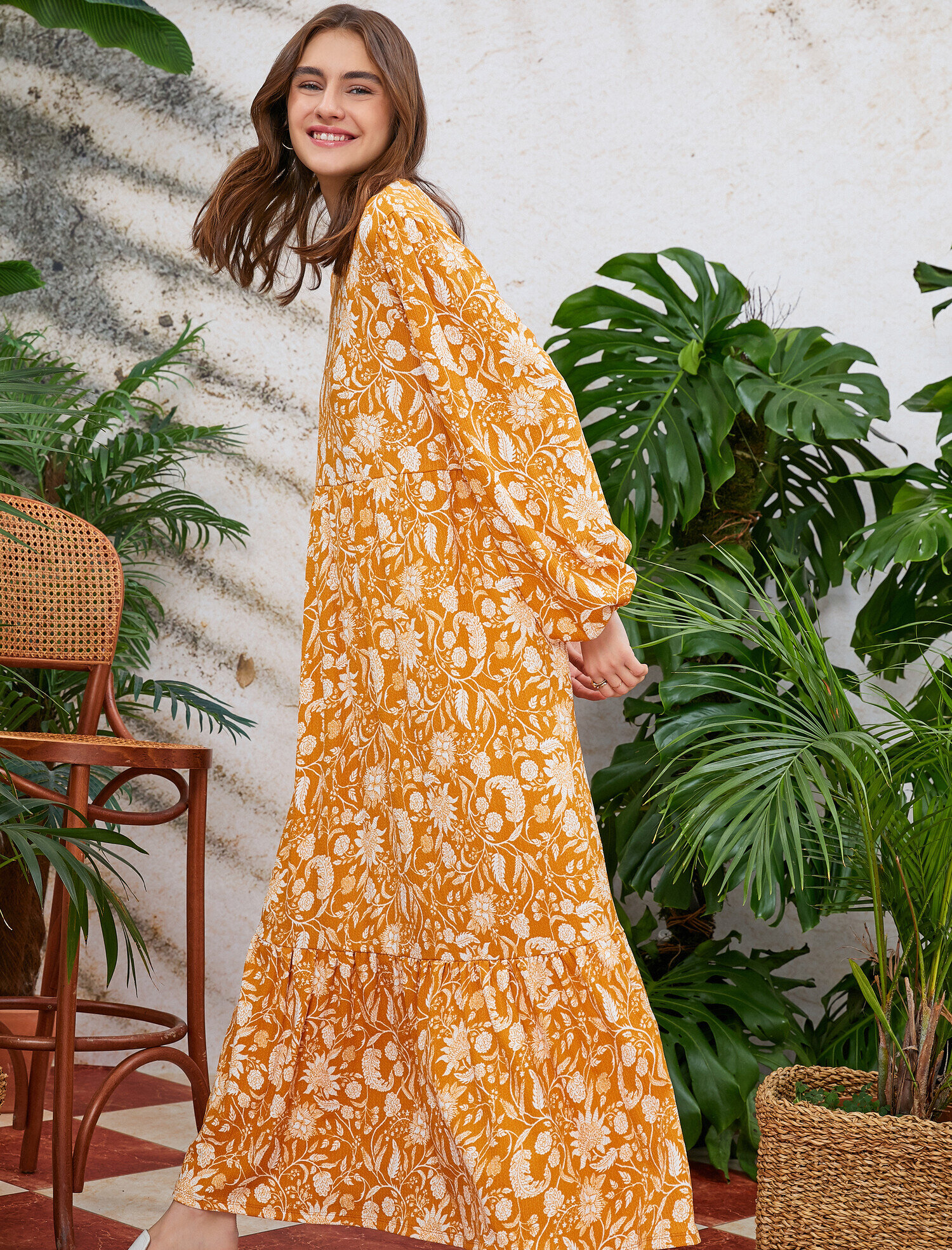   Çiçekli Yazlık Elbise Uzun Kollu Uzun