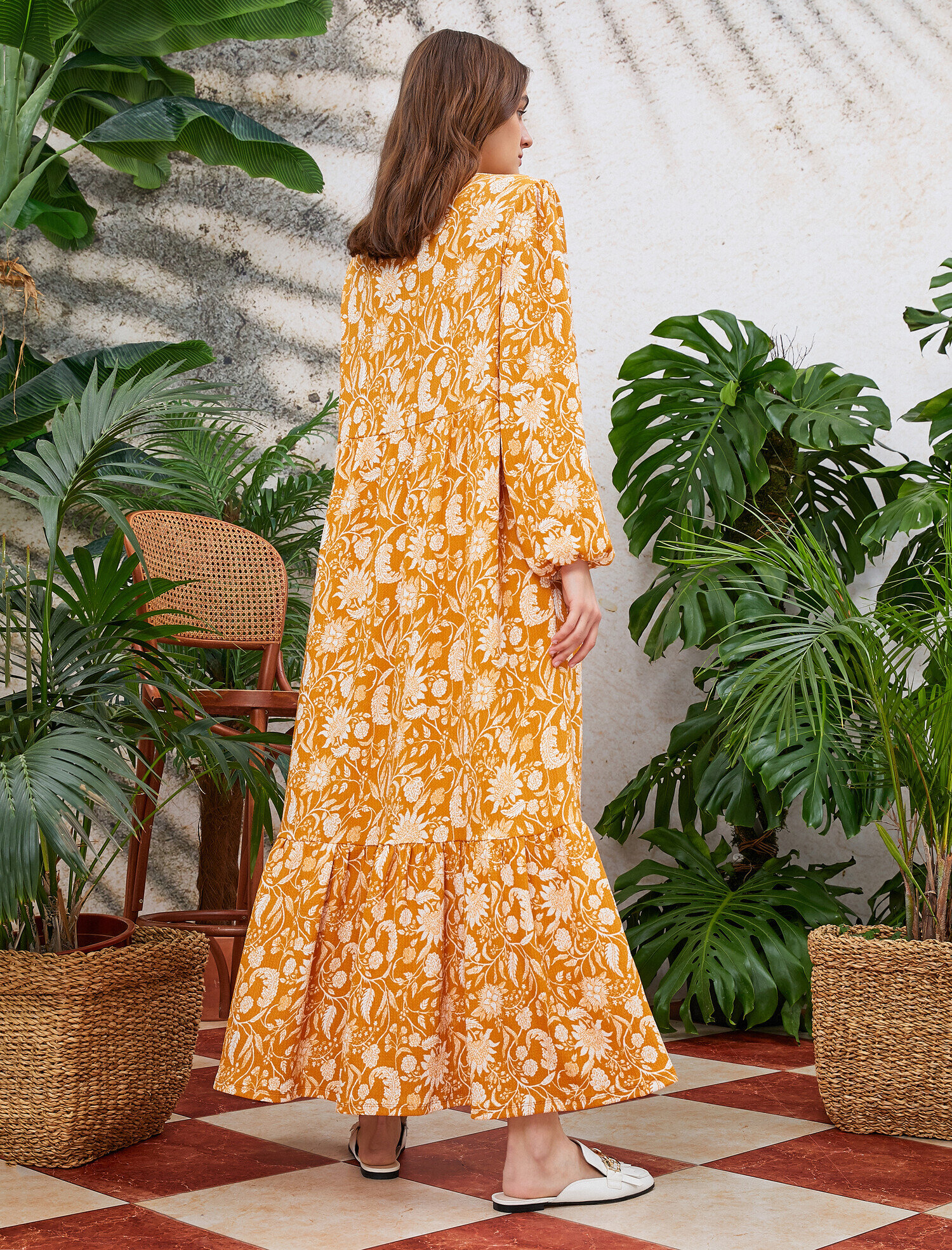   Çiçekli Yazlık Elbise Uzun Kollu Uzun