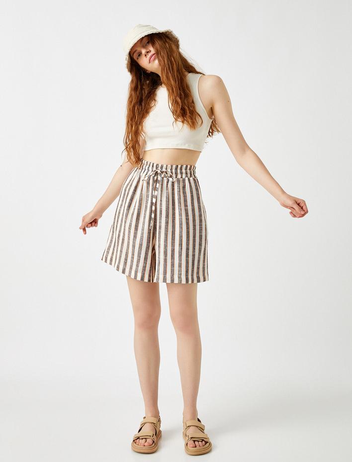  Çizgili Şort Keten Karışımlı