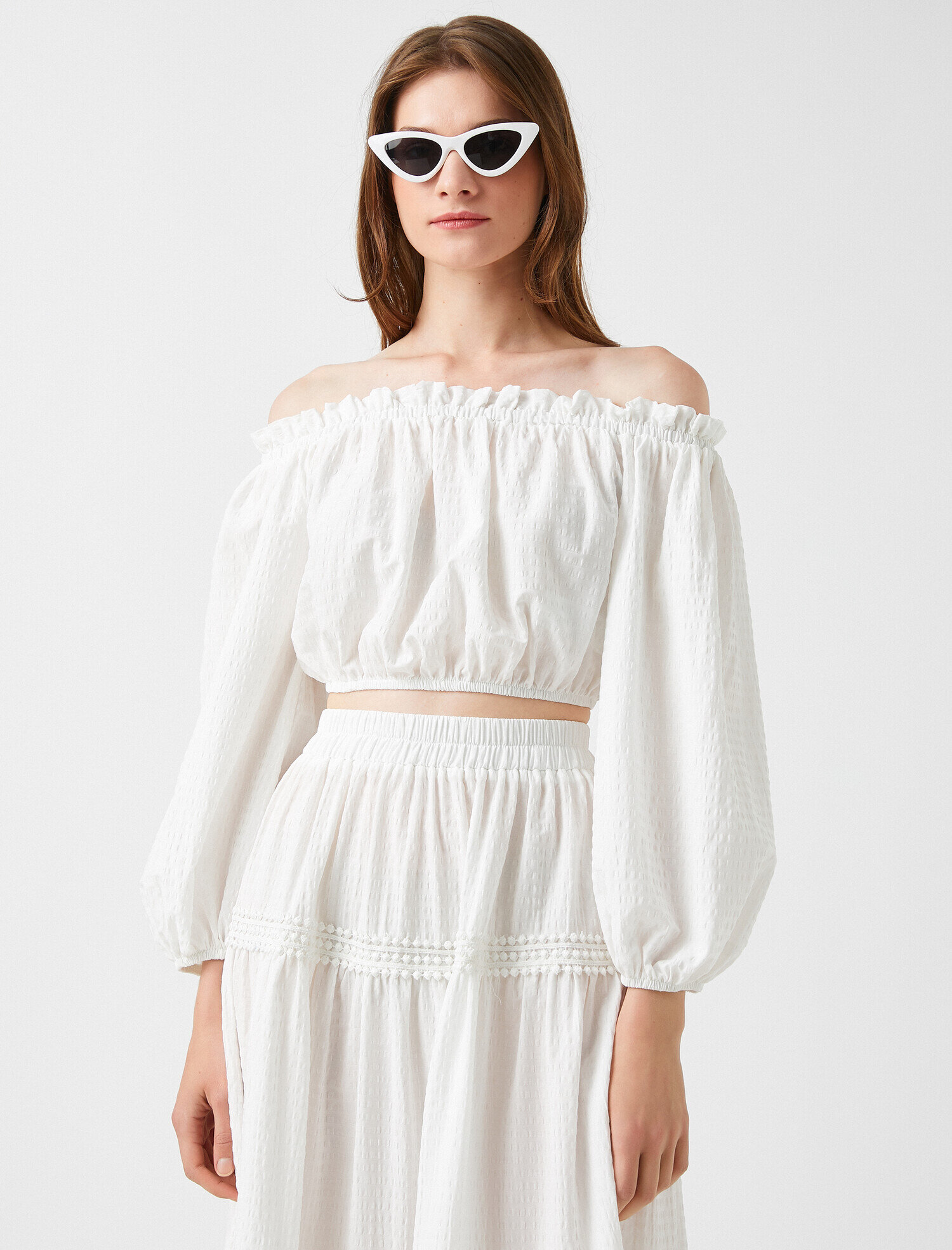   Crop Bluz Omuz Açık Uzun Kollu