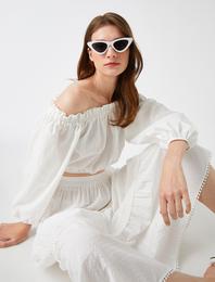 Crop Bluz Omuz Açık Uzun Kollu