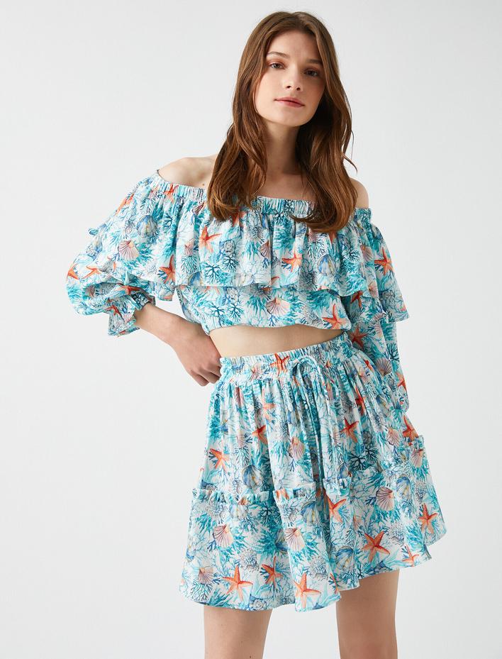  Crop Bluz Desenli Fırfırlı