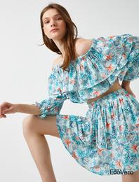 Crop Bluz Desenli Fırfırlı