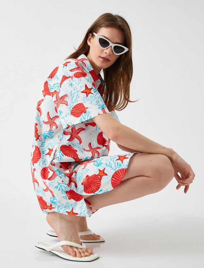  Desenli Elbise Gömlek Yaka Pamuklu