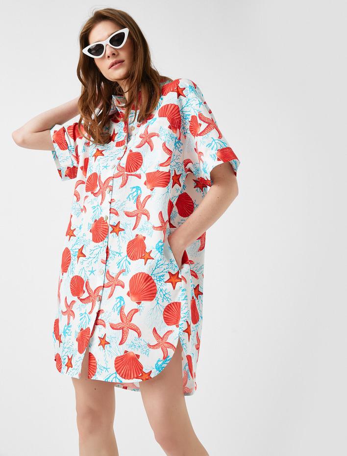  Desenli Elbise Gömlek Yaka Pamuklu