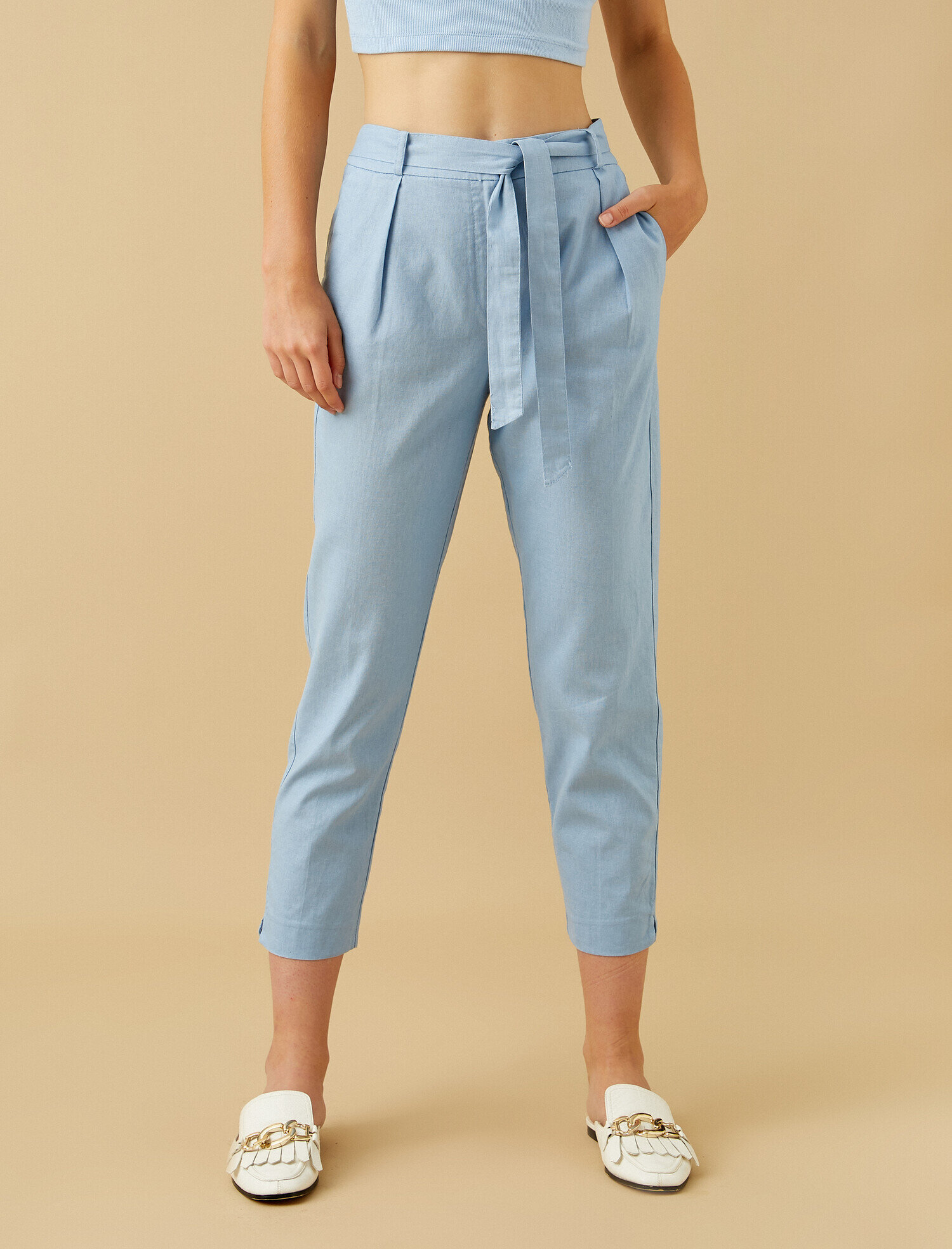   Keten Pantolon Belden Bağlamalı