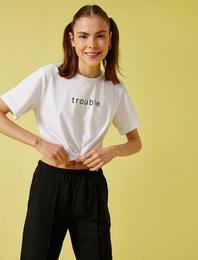 Yazılı Baskılı Tişört Belden Bağlamalı Pamuklu