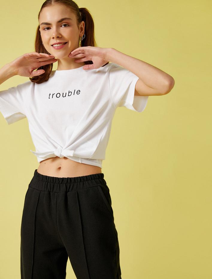  Yazılı Baskılı Tişört Belden Bağlamalı Pamuklu