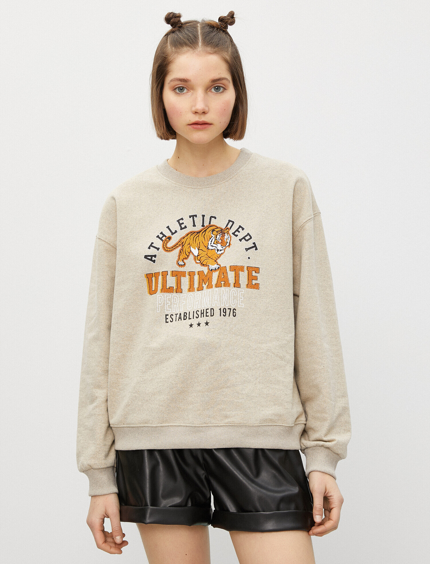   Pamuklu Bisiklet Yaka Yazılı Baskılı Sweatshirt