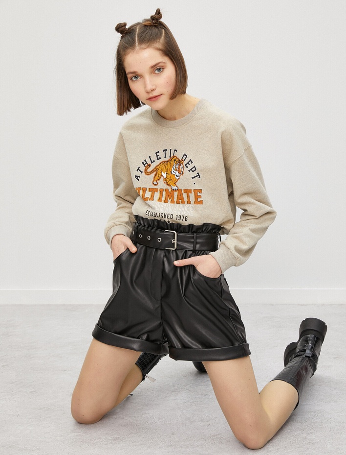  Pamuklu Bisiklet Yaka Yazılı Baskılı Sweatshirt