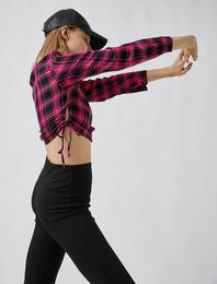 Ekoseli Büzgülü Crop Gömlek