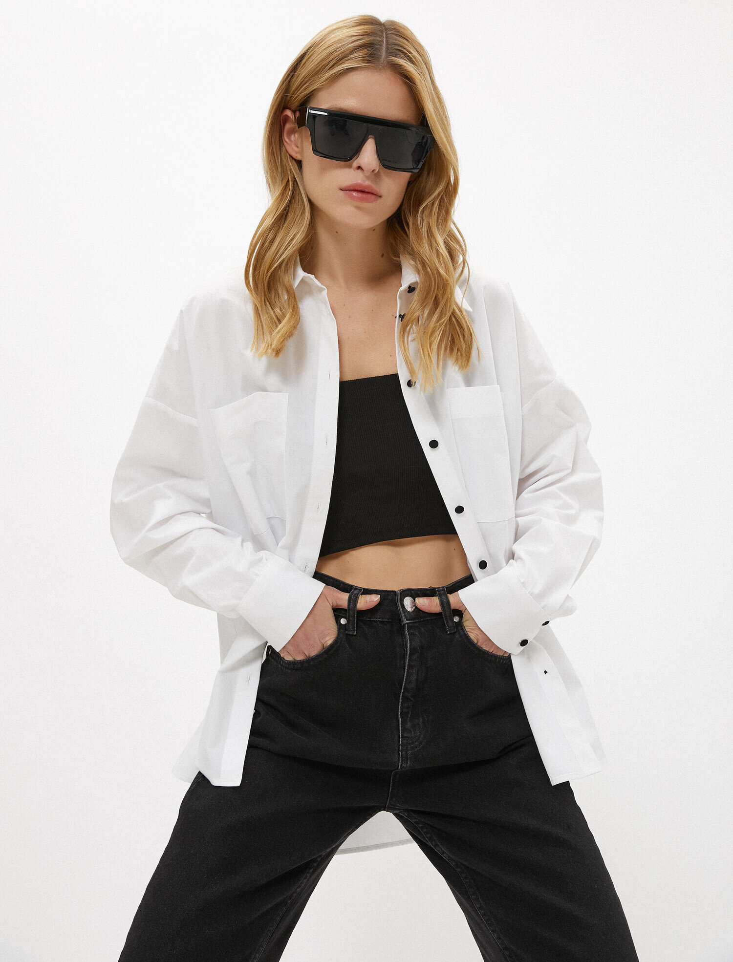   Oversize Gömlek Poplin Pamuklu Düğme Detaylı