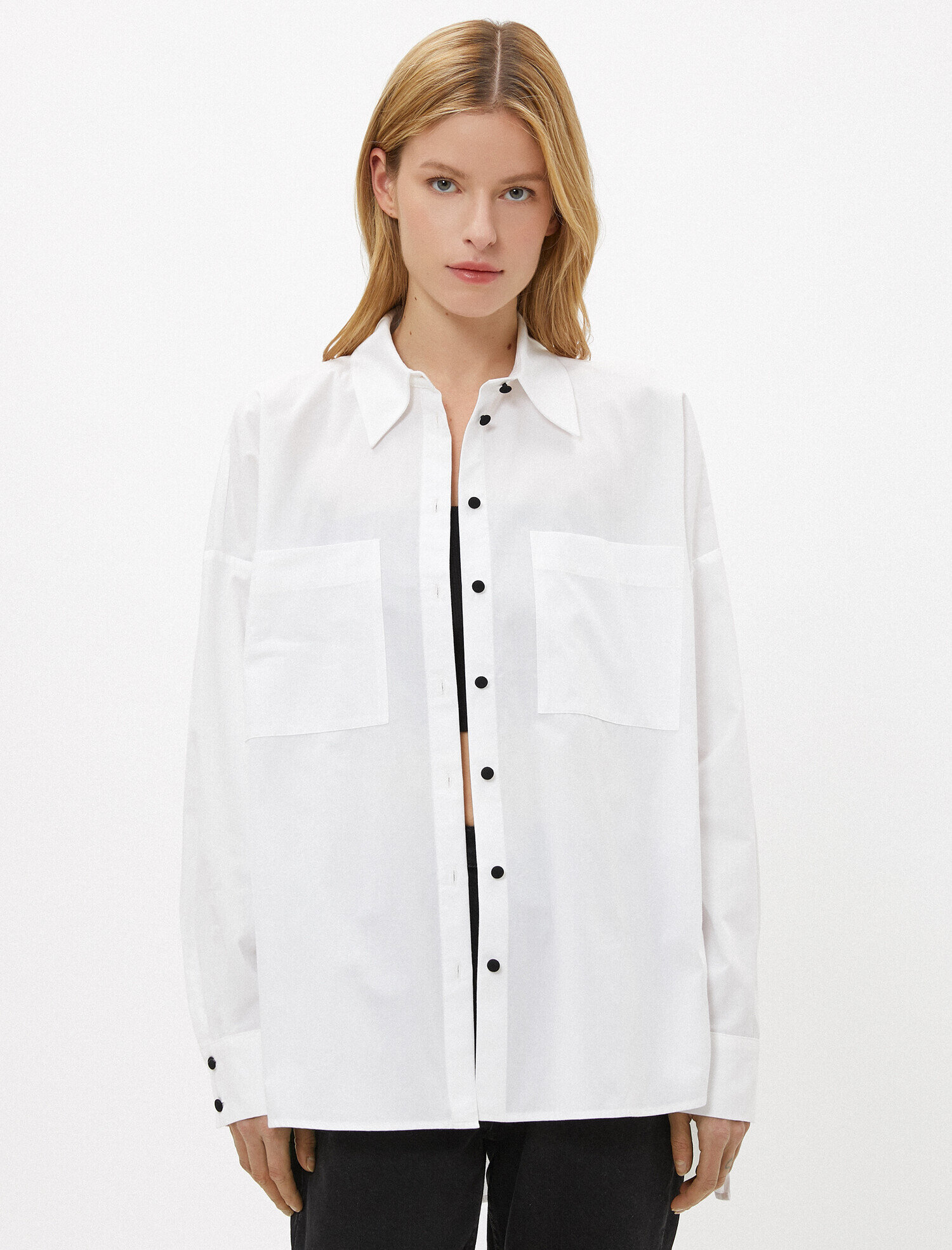   Oversize Gömlek Poplin Pamuklu Düğme Detaylı