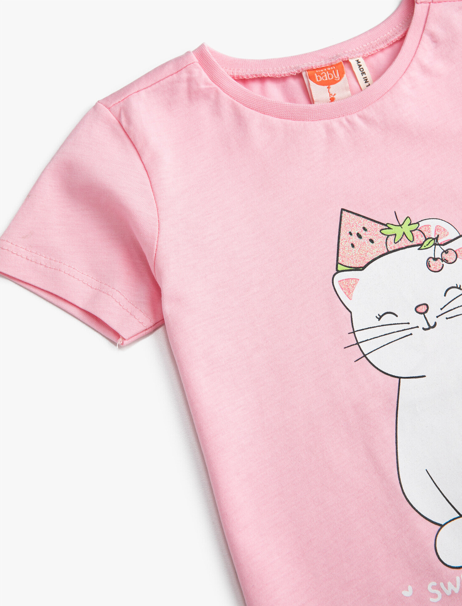  Kız Bebek Kedi Baskılı Kısa Kollu Tişört Pamuklu