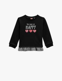 Baskılı Sweatshirt Bisiklet Yaka Fırfır Detaylı